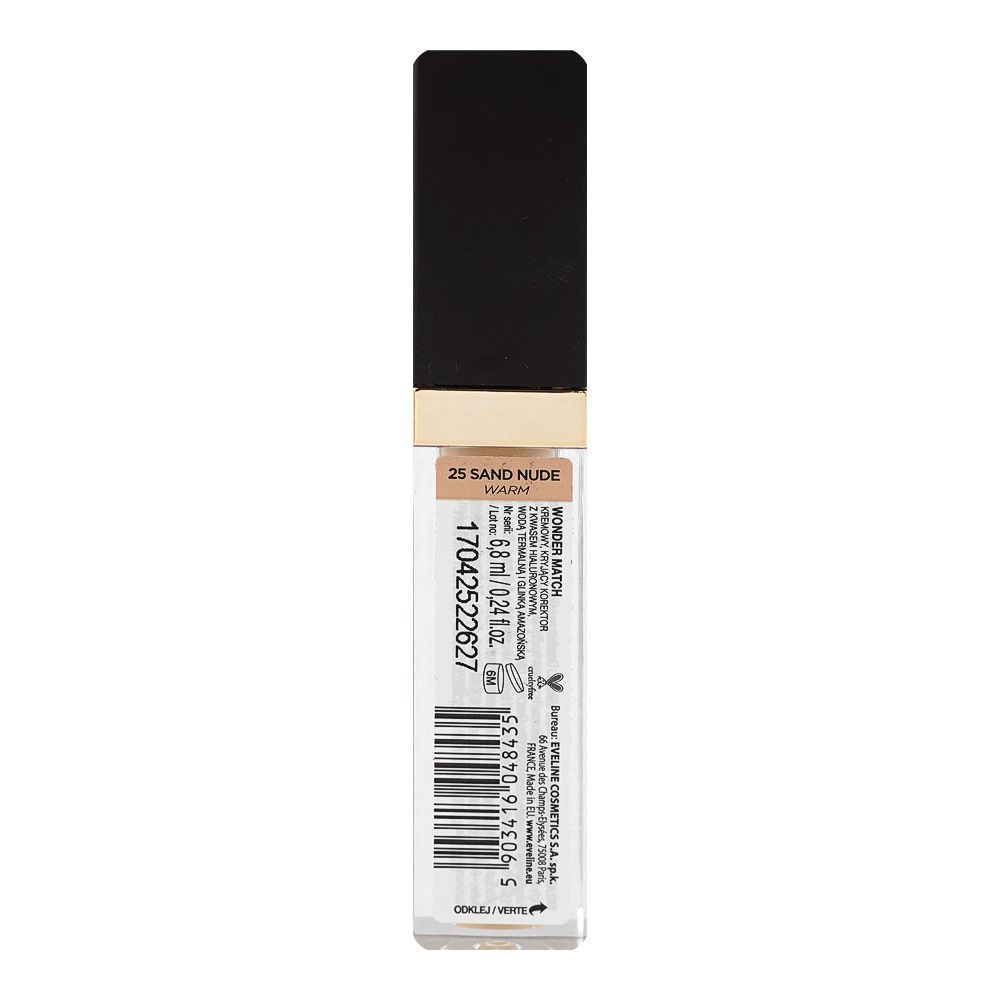 Eveline Wonder Match Skin Absolute Perfection Coverage Creamy Concealer, Hyaluronic Acid, 25 Sand Nude, 6.8ml - Image 2