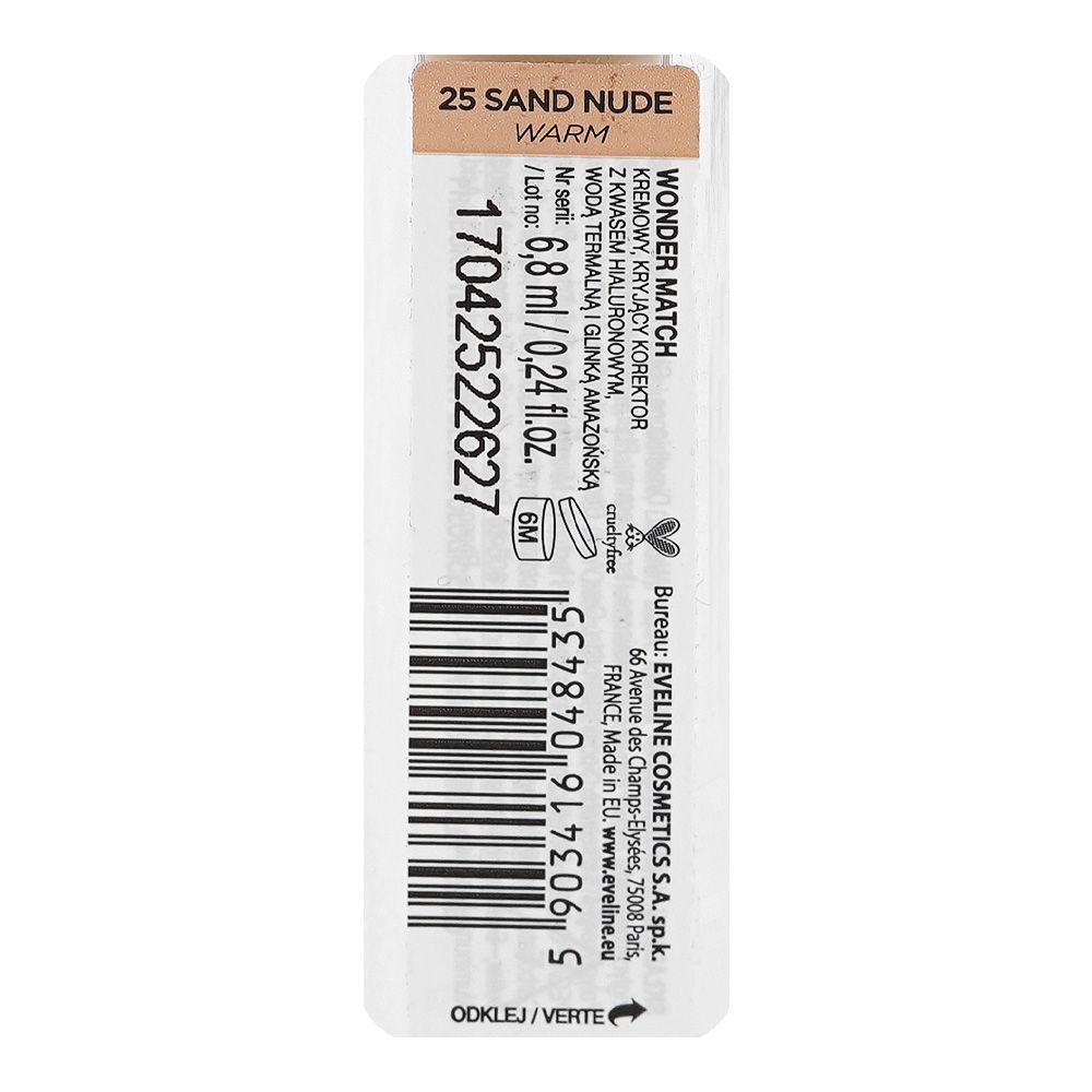 Eveline Wonder Match Skin Absolute Perfection Coverage Creamy Concealer, Hyaluronic Acid, 25 Sand Nude, 6.8ml - Image 3