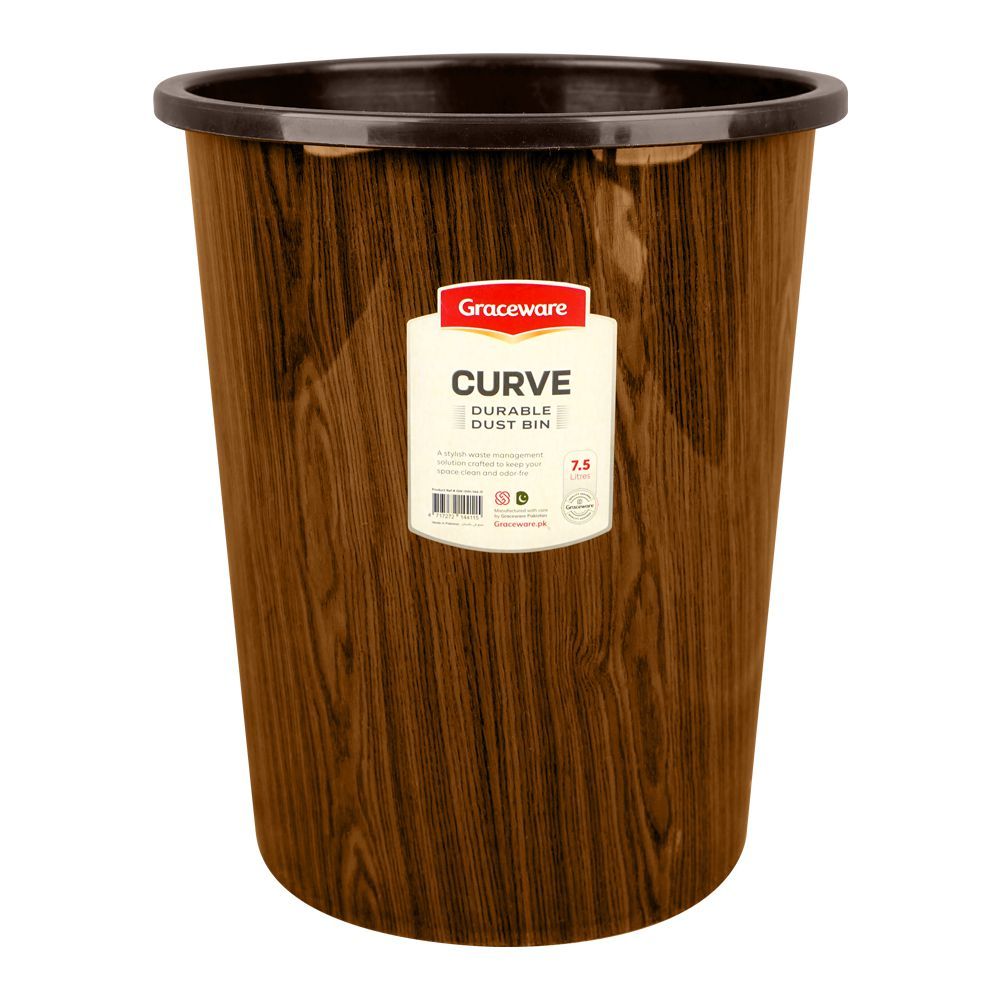 Graceware Plastic Curve Dustbin, 7500ml, Brown - Main Image