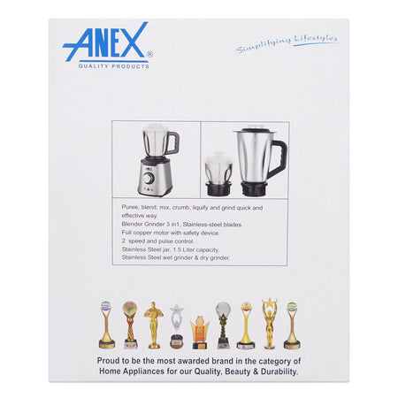 Anex Deluxe Stainless Steel Blender & Grinder, 600W, 1500ml Jar, AG-6133SS - Image 4