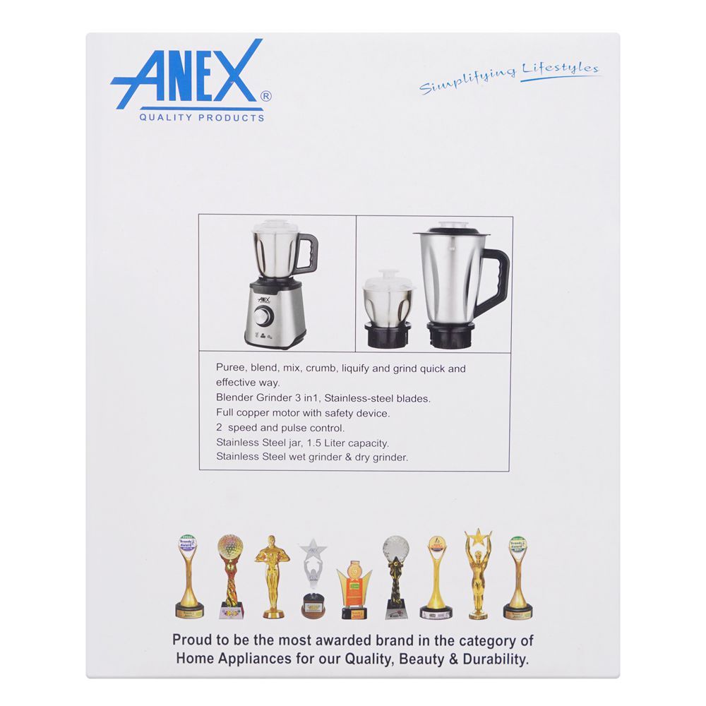 Anex Deluxe Stainless Steel Blender & Grinder, 600W, 1500ml Jar, AG-6133SS - Image 4