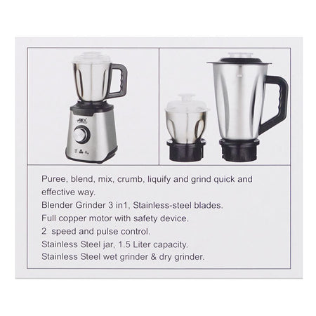 Anex Deluxe Stainless Steel Blender & Grinder, 600W, 1500ml Jar, AG-6133SS - Image 5