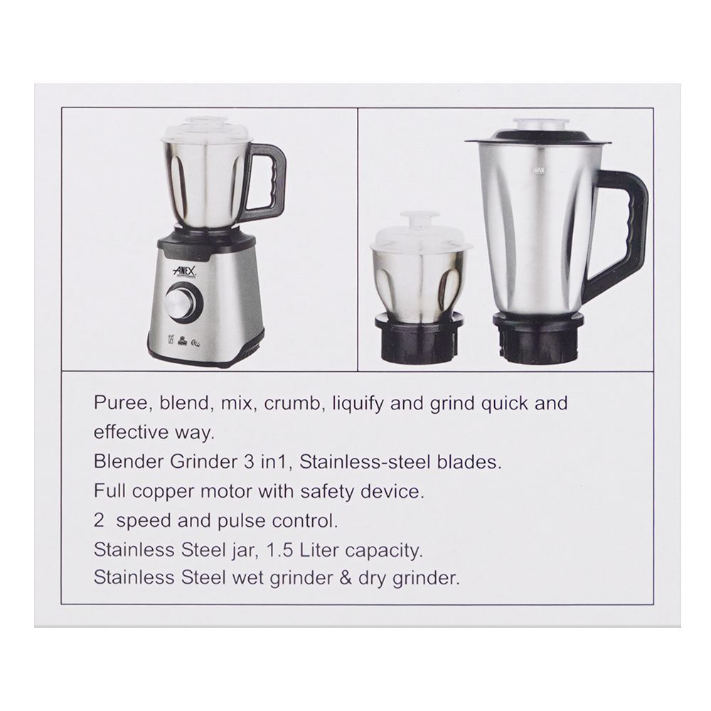 Anex Deluxe Stainless Steel Blender & Grinder, 600W, 1500ml Jar, AG-6133SS - Image 5