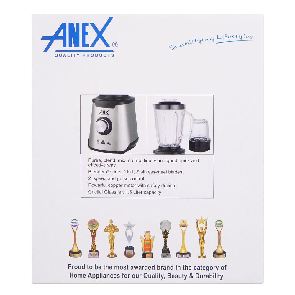 Anex Deluxe Stainless Steel Blender & Grinder, 600W, 1500ml Glass Jar, AG-6130EX(GL) - Image 4