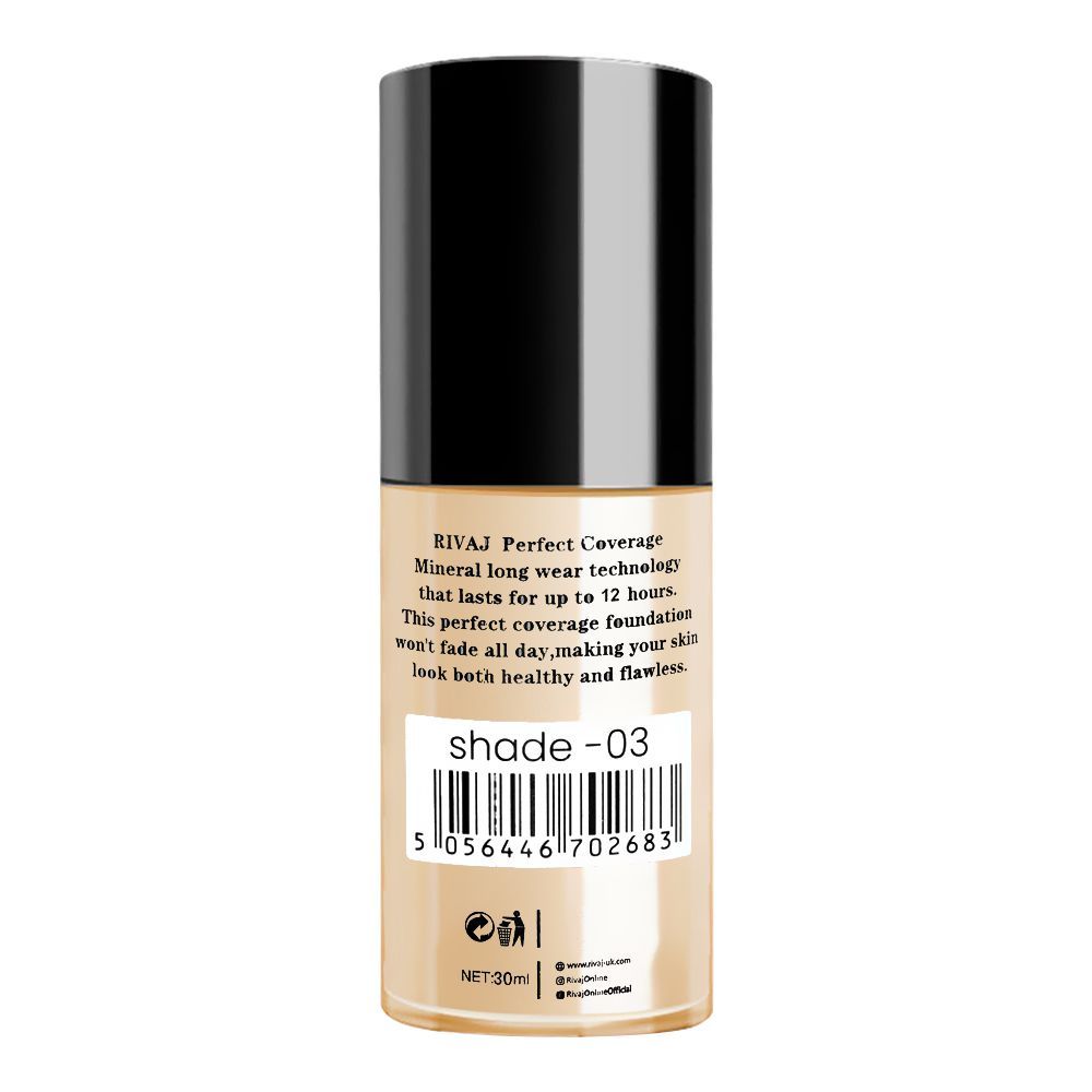 Rivaj UK Perfect Coverage Mineral Liquid Foundation, Oil Free, SPF-8, 30ml, No. 03 - Image 2