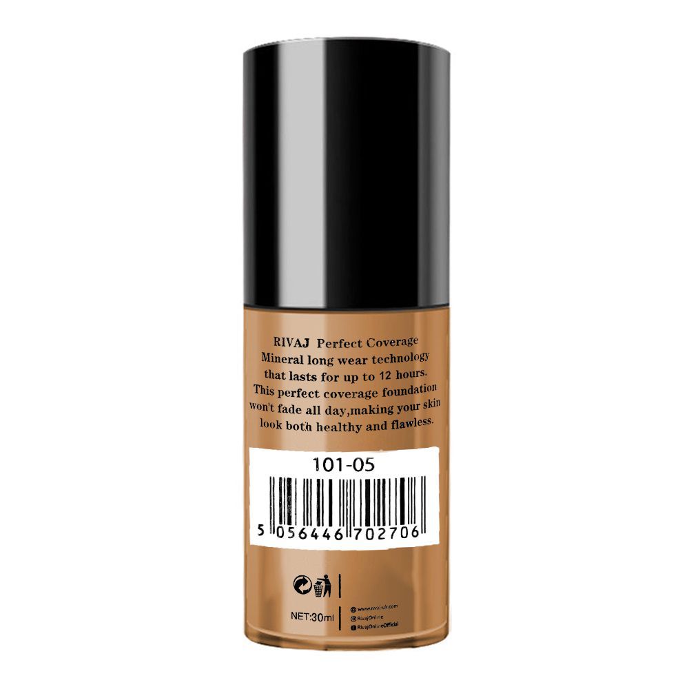 Rivaj UK Perfect Coverage Mineral Liquid Foundation, Oil Free, SPF-8, 30ml, No. 05 - Image 2