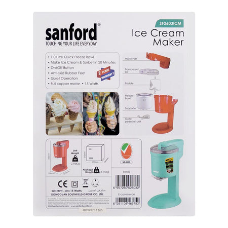 Sanford Ice Cream Maker, 1000ml Bowl, 15W, SF-2603ICM - Image 6
