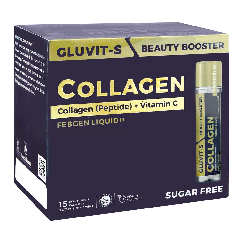 Gluvit-S Collagen (Peptide) + Vitamin C Febgen Liquid Oral Shots, Sugar Free, Peach Flavour, 30ml - Main Image