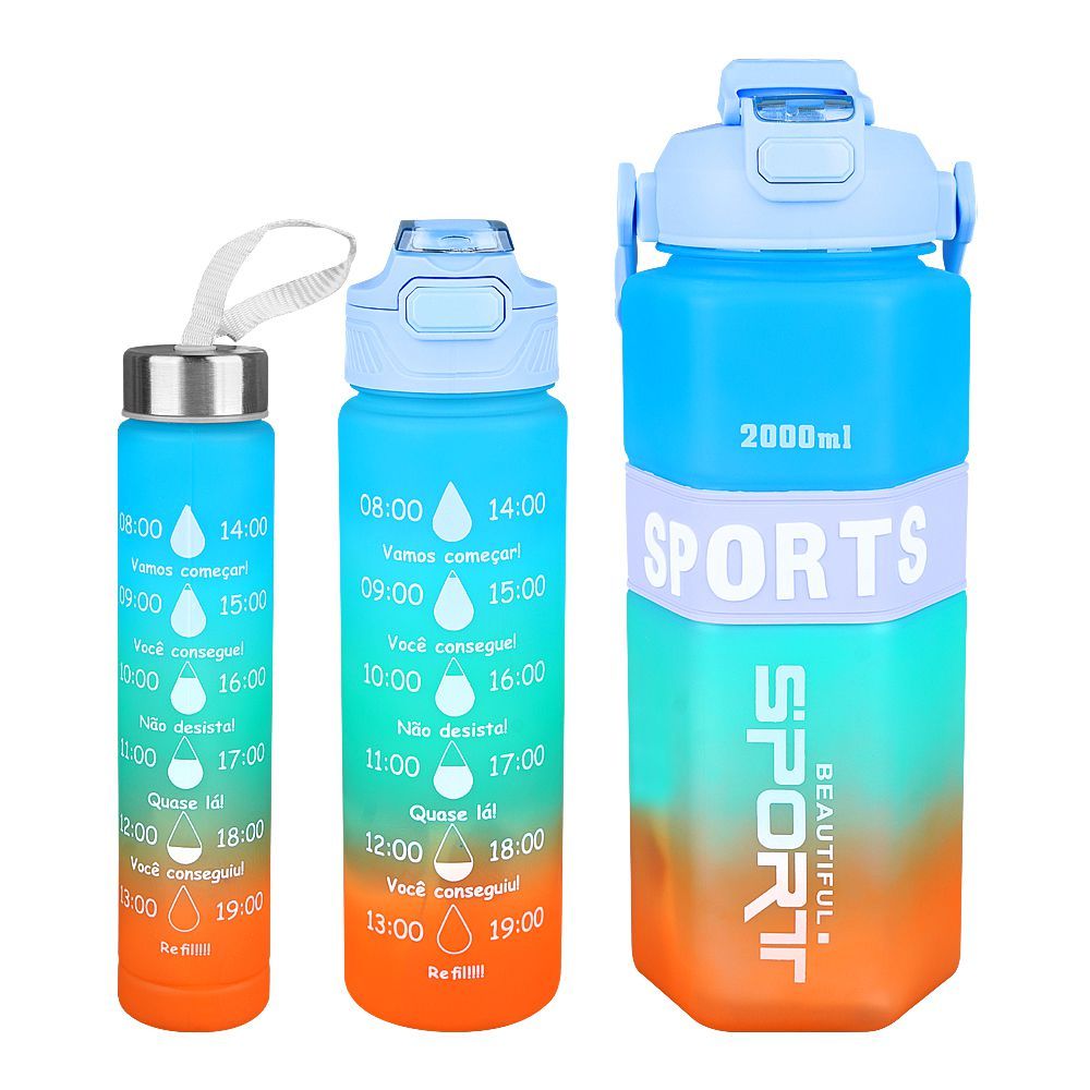 AJF Set of 3 Sports BPA-Free Water Bottles with Time Marker - 2000ml, 800ml & 280ml, Sea Blue - Main Image