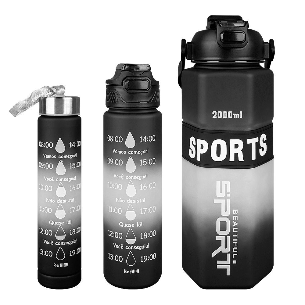 AJF Set of 3 Sports BPA-Free Water Bottles with Time Marker - 2000ml, 800ml & 280ml, Black - Main Image