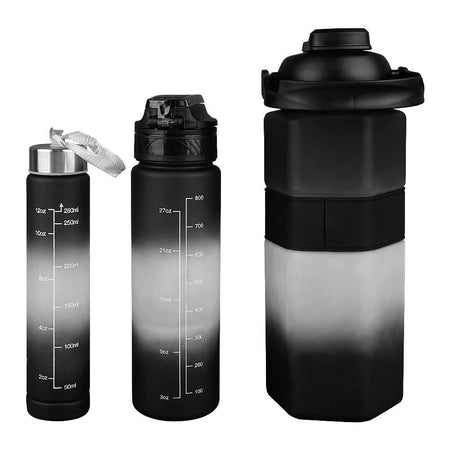 AJF Set of 3 Sports BPA-Free Water Bottles with Time Marker - 2000ml, 800ml & 280ml, Black - Image 2