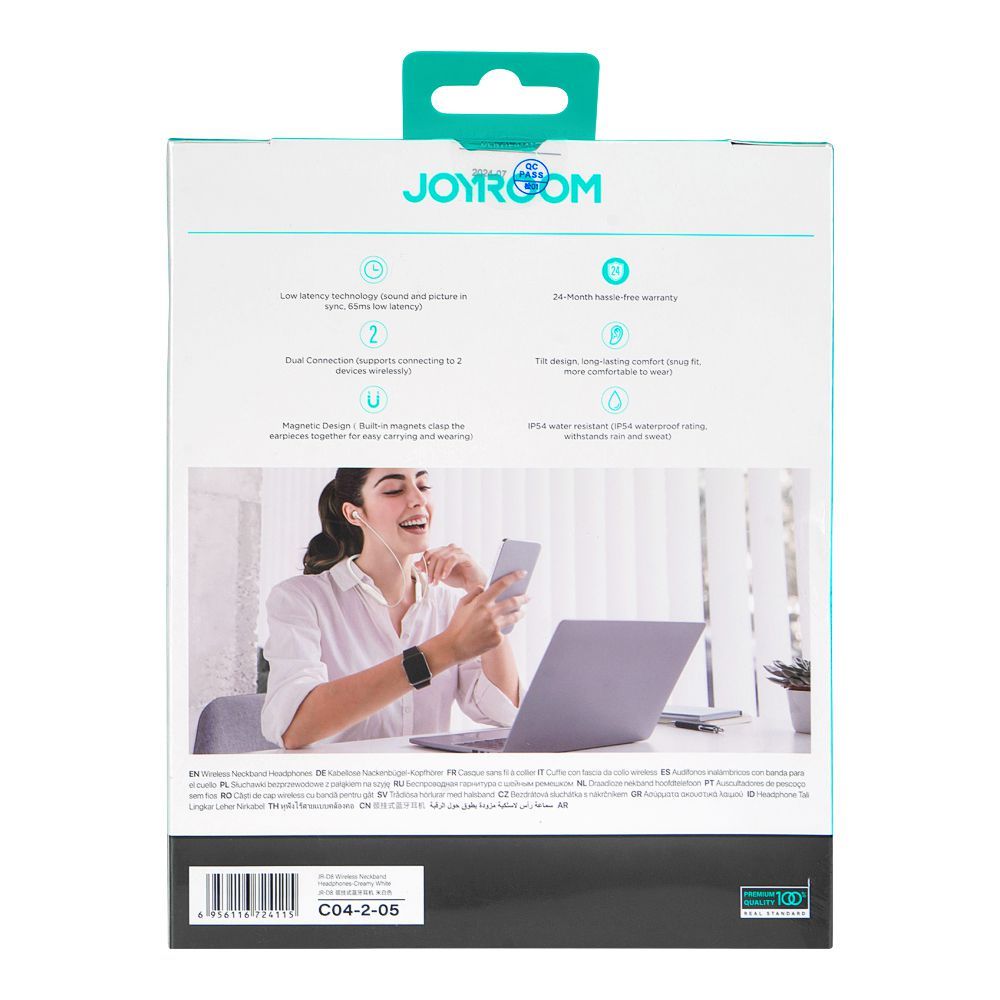 Joyroom Wireless Neckband Headphones, White, JR-D8 - Image 3