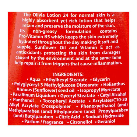 Olivia 24 Lotion with Sunflower Oil, Pro-Vitamin B5 & Vitamine E, For Normal Skin, 250ml - Image 3