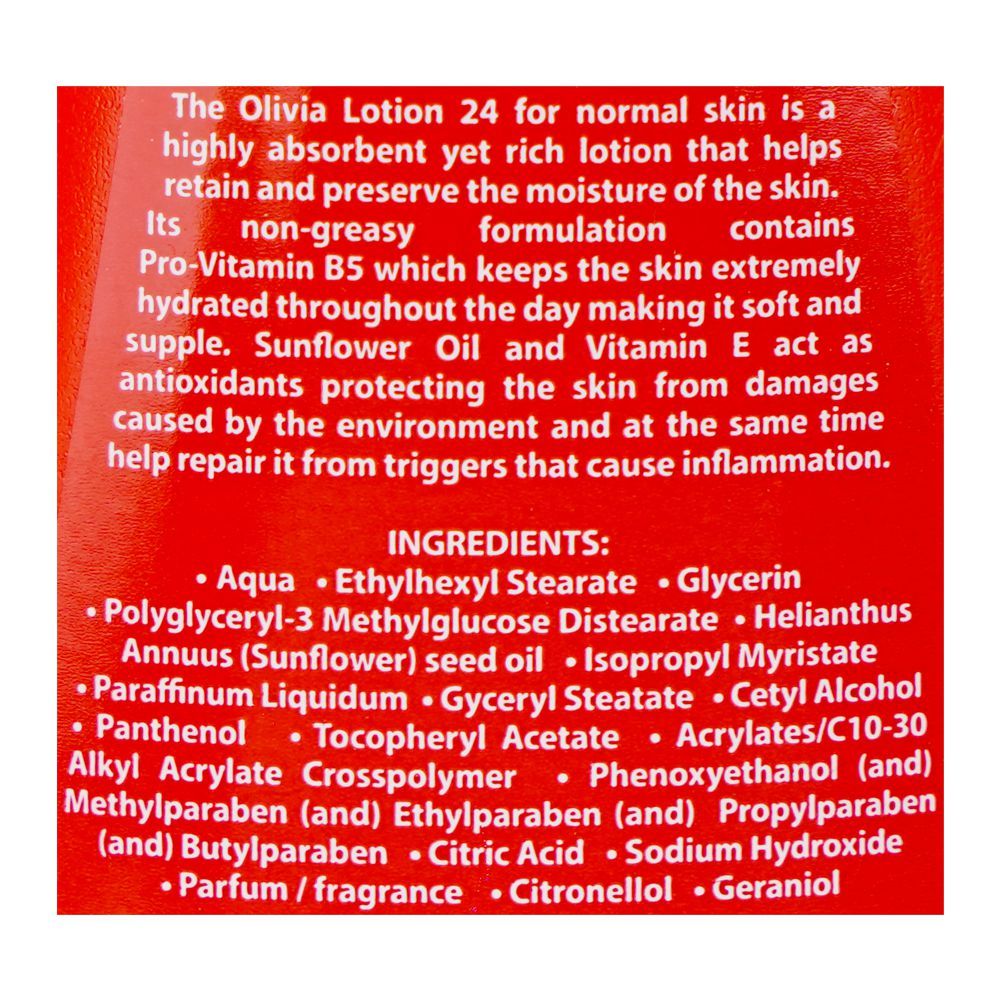 Olivia 24 Lotion with Sunflower Oil, Pro-Vitamin B5 & Vitamine E, For Normal Skin, 250ml - Image 3