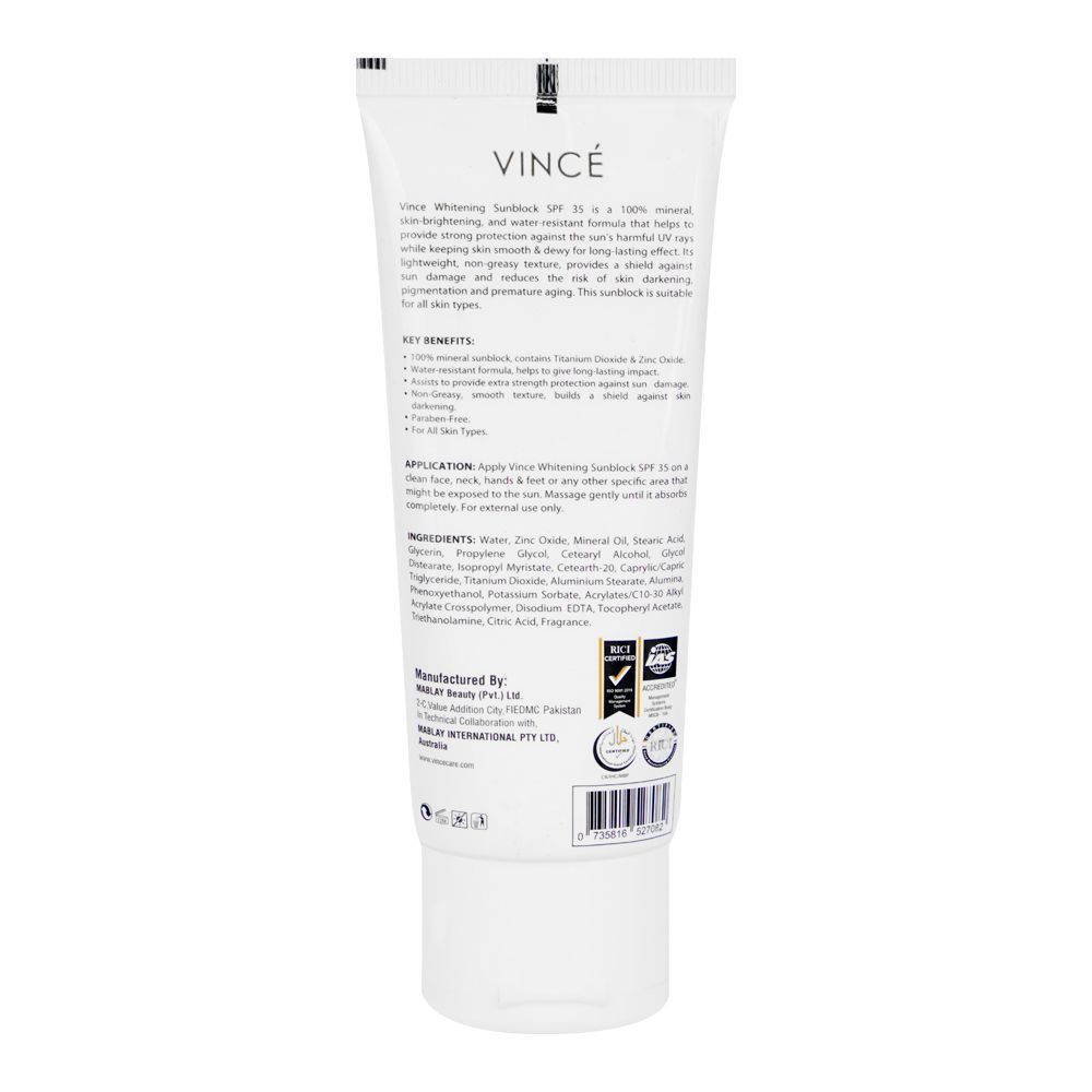 Vince Whitening Double Strength Sunblock, Mineral Sunscreen, Waterproof, SPF-35, PA+++, 50ml - Image 2