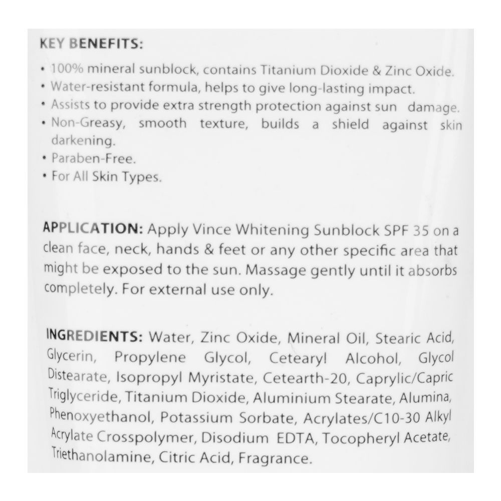 Vince Whitening Double Strength Sunblock, Mineral Sunscreen, Waterproof, SPF-35, PA+++, 50ml - Image 3