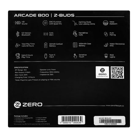 Zero Arcade 800 Wireless Earbuds, 40ms Hyper Low Latency, RGB Interface, Black - Image 5