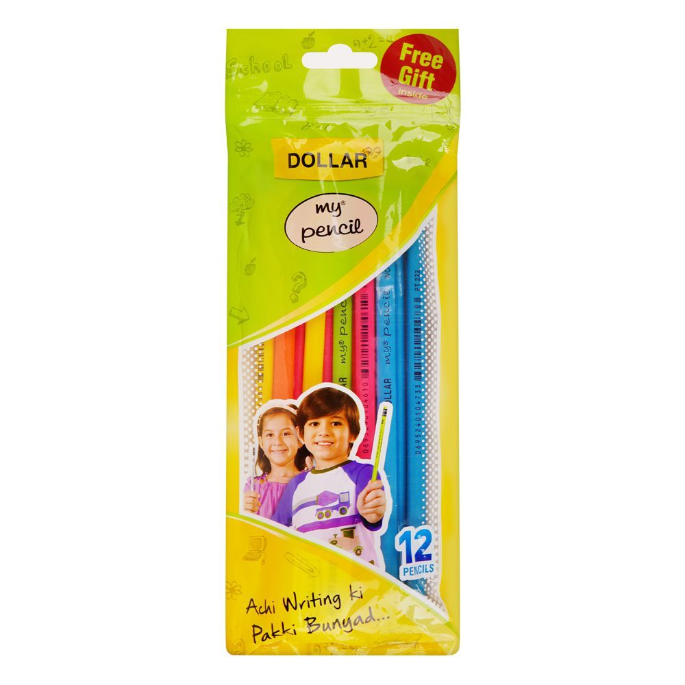 Dollar My Pencil with Eraser, Black lead, Assorted Body Colors, Free Gift Inside, 12-Pack, PT222 - Main Image