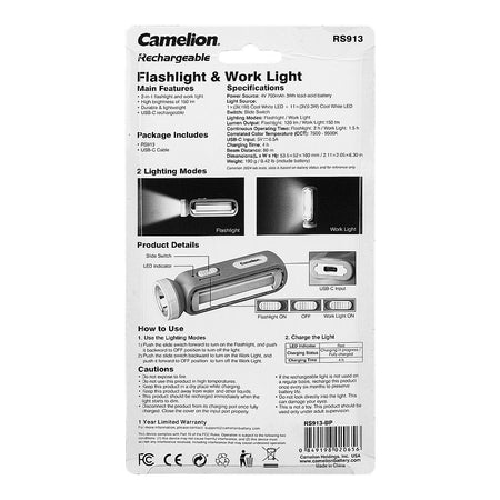 Camelion Rechargeable Flashlight & Work Light, RS913 - Image 3