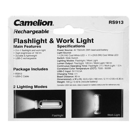 Camelion Rechargeable Flashlight & Work Light, RS913 - Image 4