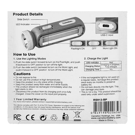 Camelion Rechargeable Flashlight & Work Light, RS913 - Image 5