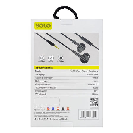Yolo Aux Wired Earphone, Handsfree, Black, Y-22 - Image 3