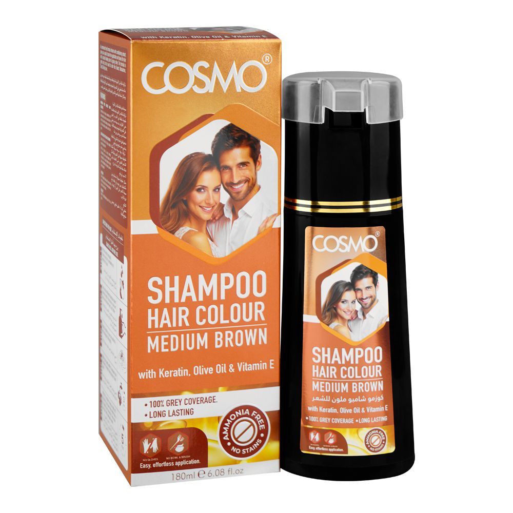 Cosmo Hair Color Shampoo, Ammonia Free, No Stains, Medium Brown, 180ml - Main Image