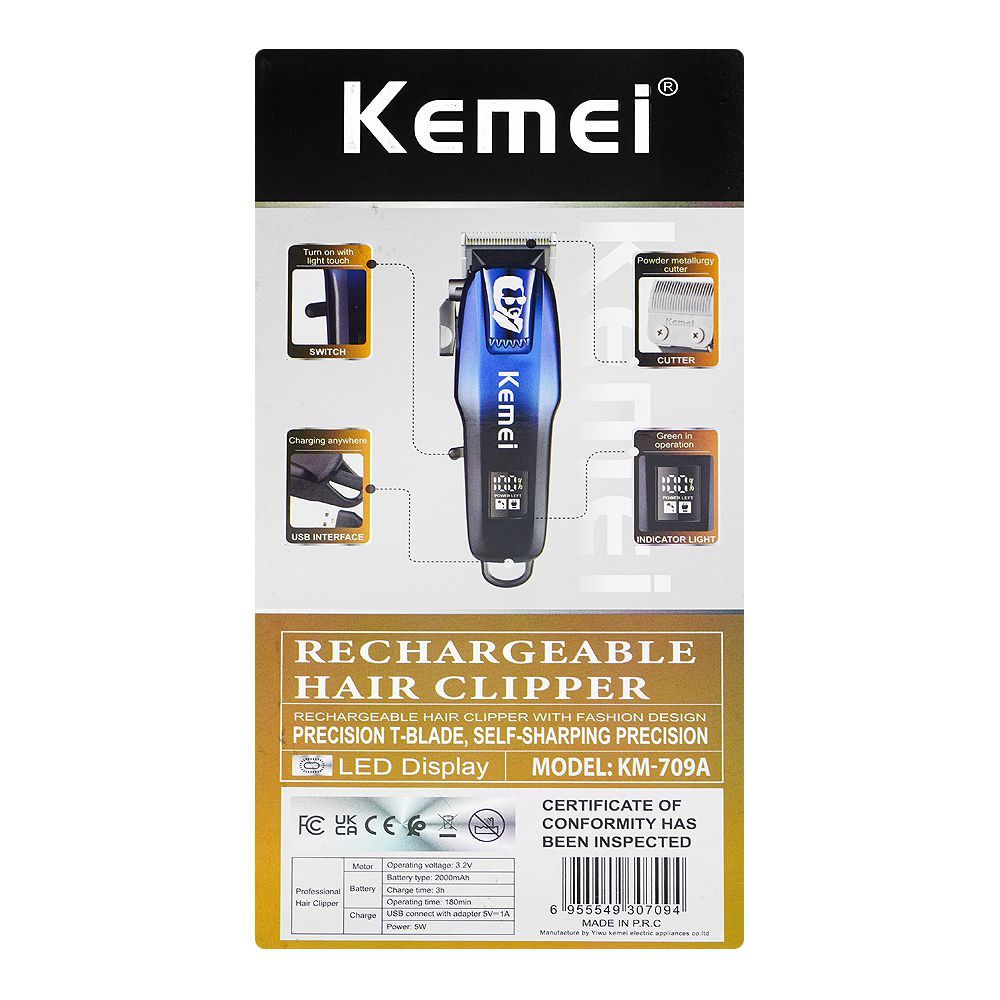 Kemei Rechargeable Hair Clipper/Trimmer, 4 Combs, KM-709A - Image 3