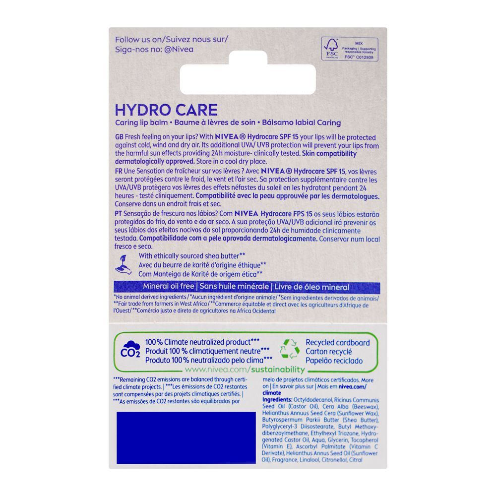 Nivea Hydro Care SPF15 Lip Balm, 24H Moisture, 4.8g - Image 2