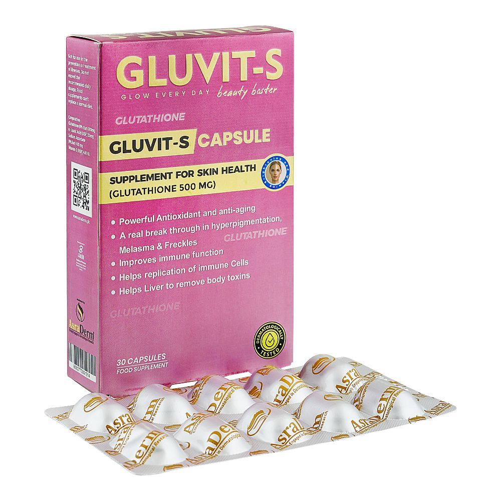 Gluvit-S Glutathione 500mg Supplement For Skin Health, Box (30 Capsules) - Main Image
