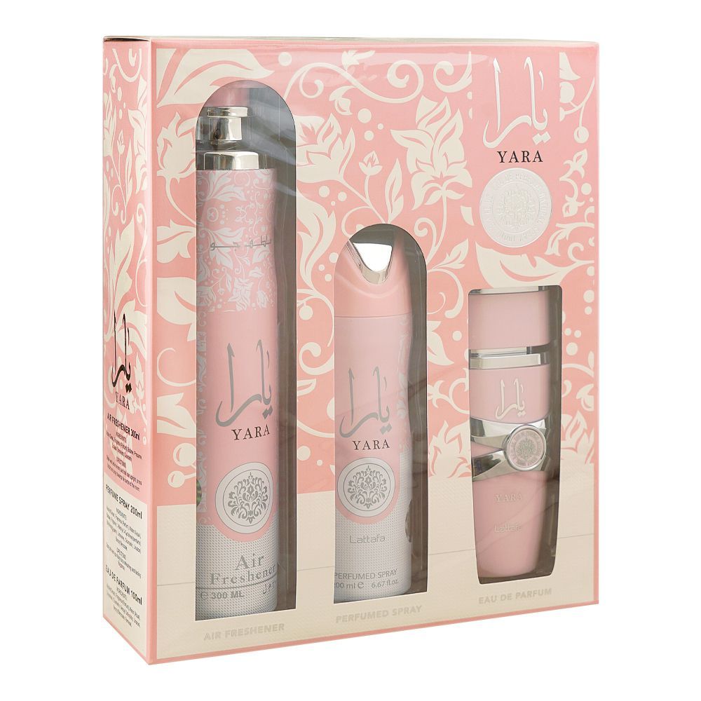 Lattafa Yara Gift Set: Eau de Parfum 100ml+Body Spray 200ml+Air Freshener 300ml, For Women, 3-Pack - Main Image