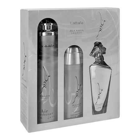 Lattafa Maahir Legacy Gift Set: Eau de Parfum 100ml+Body Spray 200ml+Air Freshener 300ml, For Men, 3-Pack - Main Image