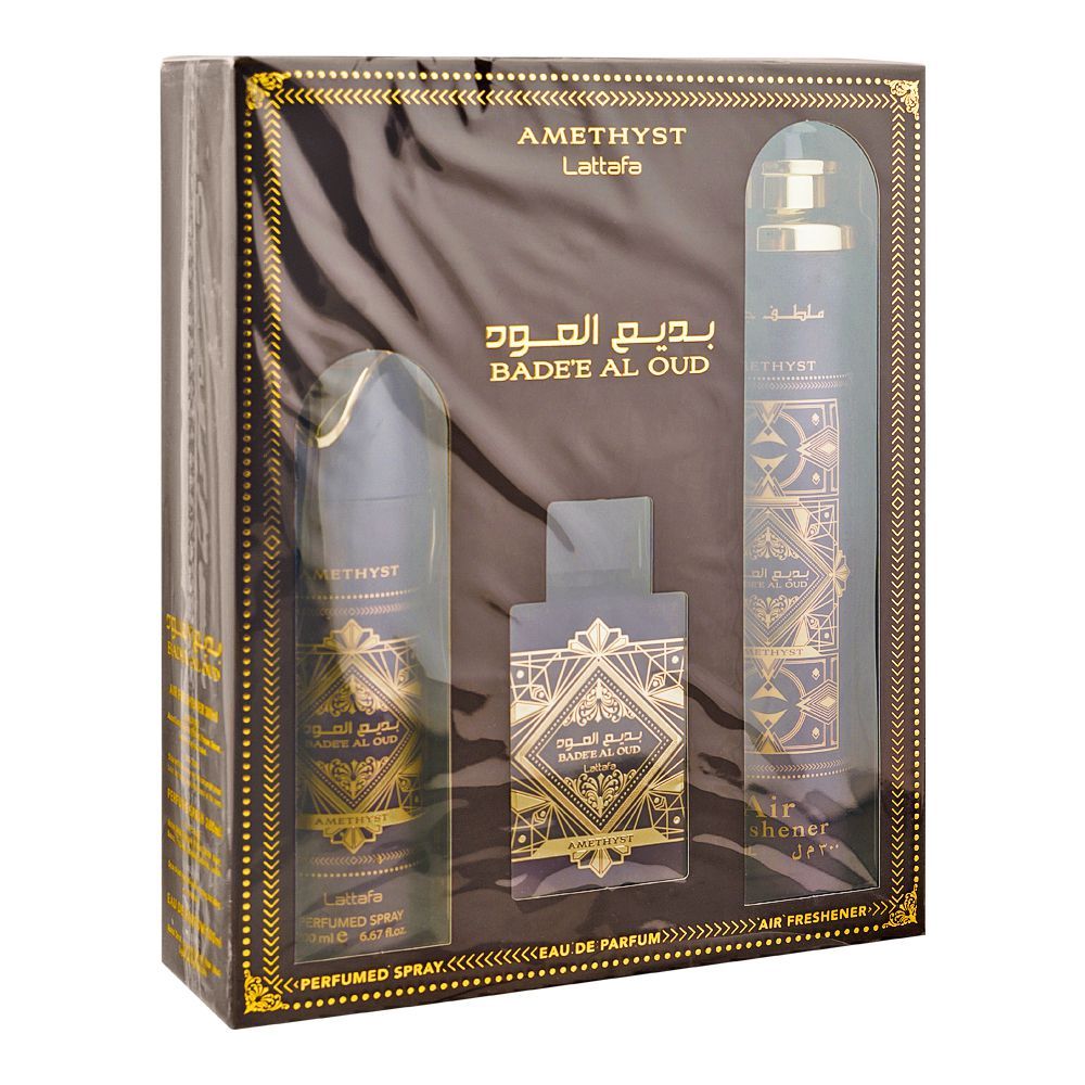 Lattafa Amethyst Badee Al Oud Gift Set: Eau de Parfum 100ml+Body Spray 200ml+Air Freshener 300ml, 3-Pack - Main Image