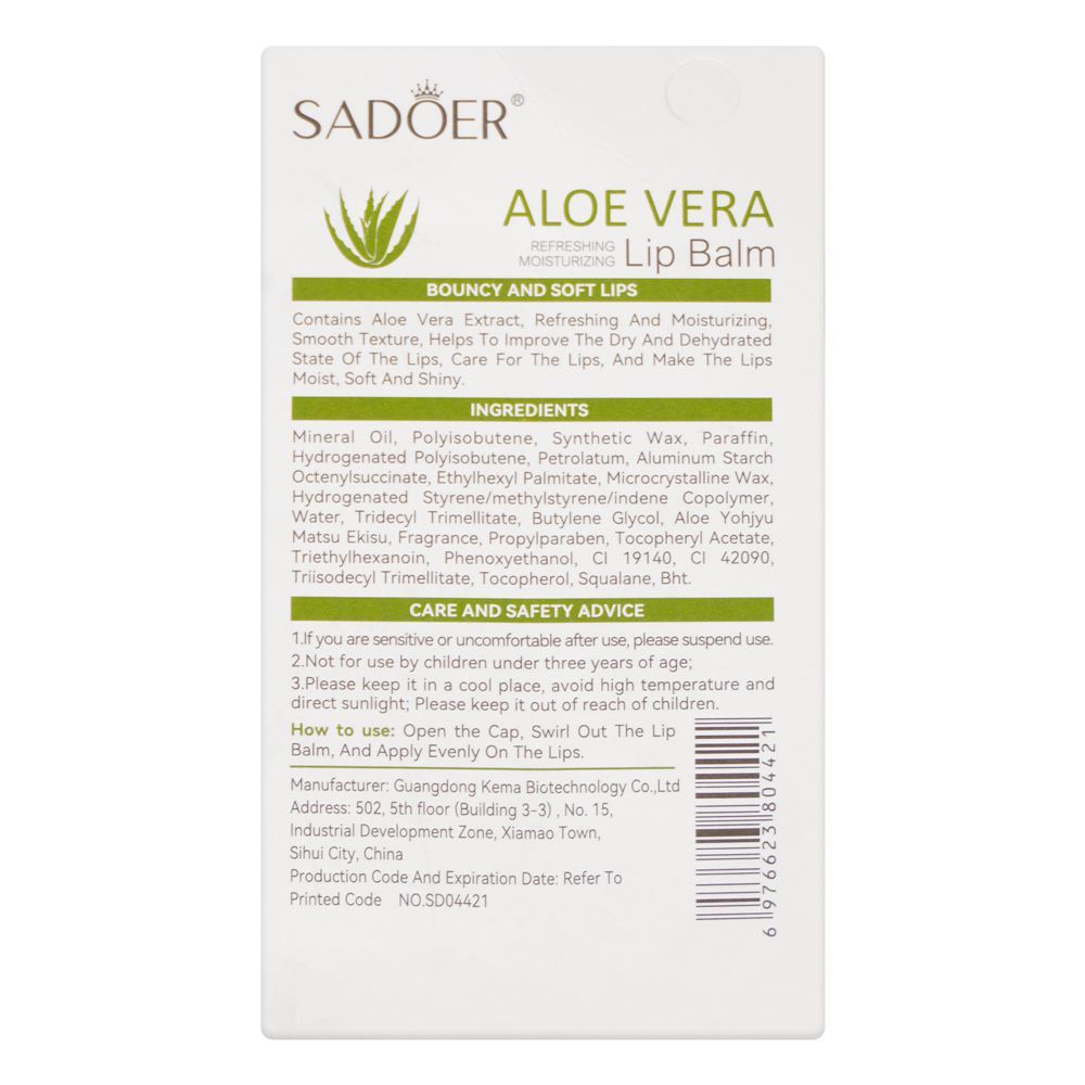 Sadoer Aloe Vera Lip Balm, Hydrating & Moisturizing, 2.7g, SD04421 - Image 4