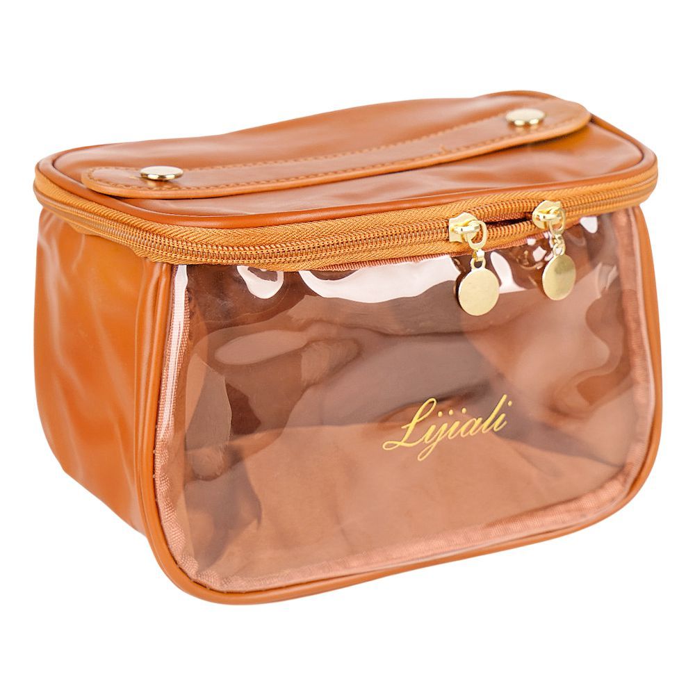 PU Leather Transparent Makeup Bag, Travel Cosmetic Organizer, Brown, AF-63 - Main Image