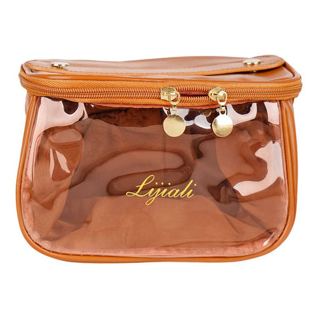 PU Leather Transparent Makeup Bag, Travel Cosmetic Organizer, Brown, AF-63 - Image 2