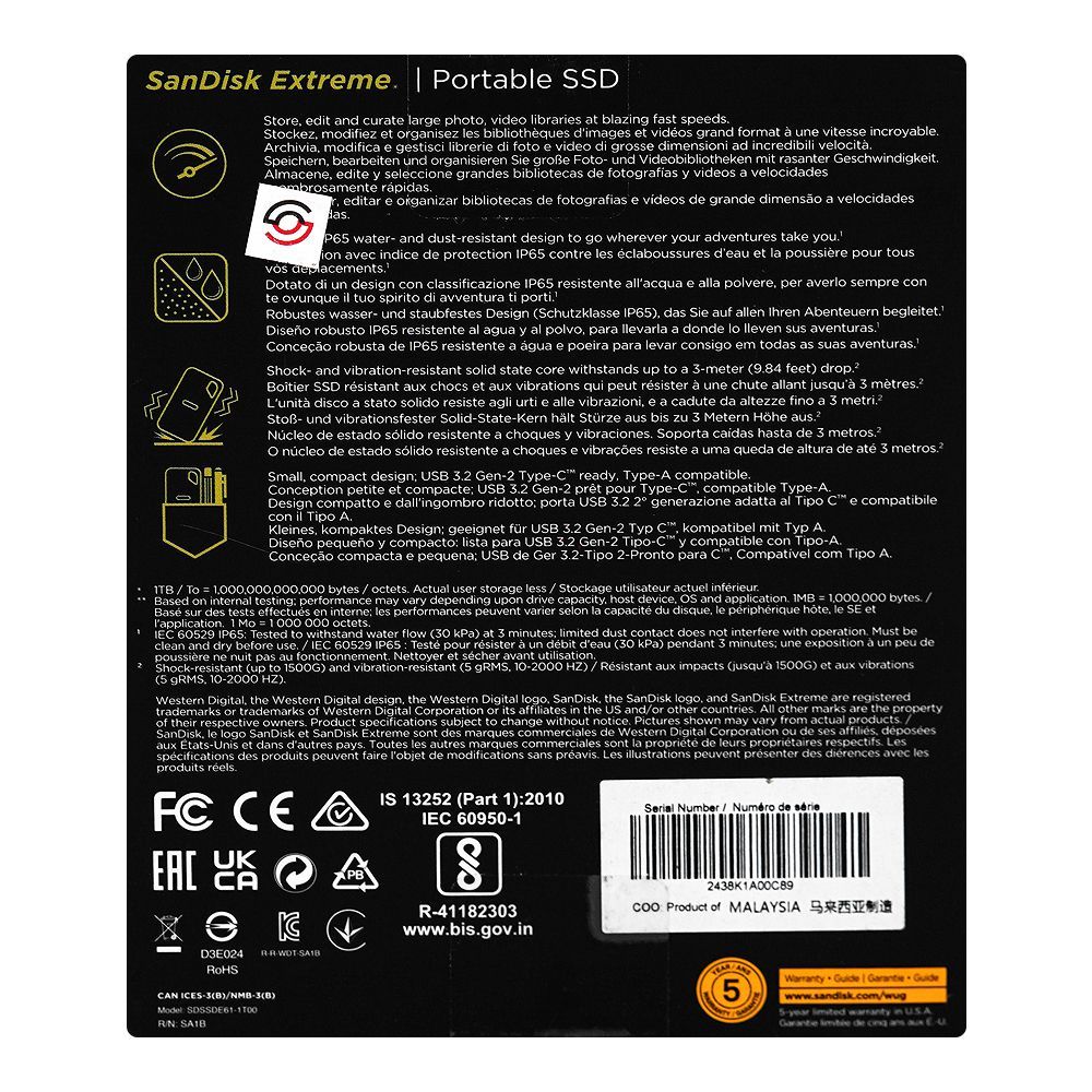 SanDisk Extreme Portable SSD 1TB, Up to 1050MB/s, IP65 Water Resistance, SDSSDE61-1T00-G25 - Image 6