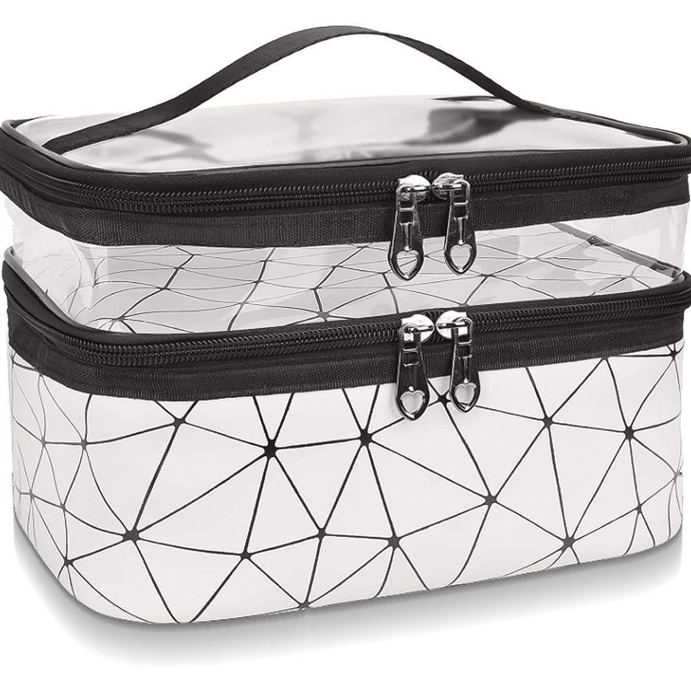 Waterproof Double Layer Zipper Travel Cosmetic Bag, Makeup Organizer & Toiletry Pouch, Silver - Main Image