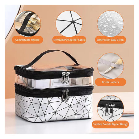 Waterproof Double Layer Zipper Travel Cosmetic Bag, Makeup Organizer & Toiletry Pouch, Silver - Image 2