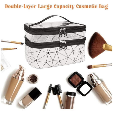 Waterproof Double Layer Zipper Travel Cosmetic Bag, Makeup Organizer & Toiletry Pouch, Silver - Image 3