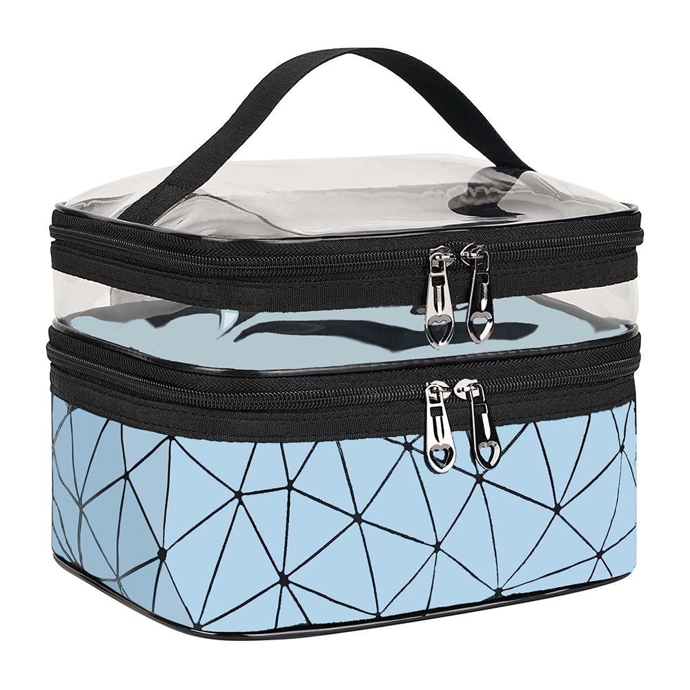 Waterproof Double Layer Zipper Travel Cosmetic Bag, Makeup Organizer & Toiletry Pouch, Blue - Main Image