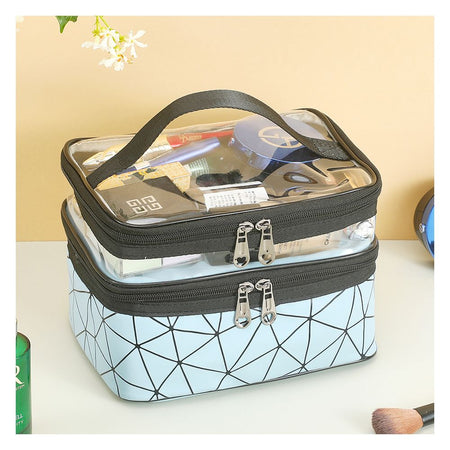 Waterproof Double Layer Zipper Travel Cosmetic Bag, Makeup Organizer & Toiletry Pouch, Blue - Image 2