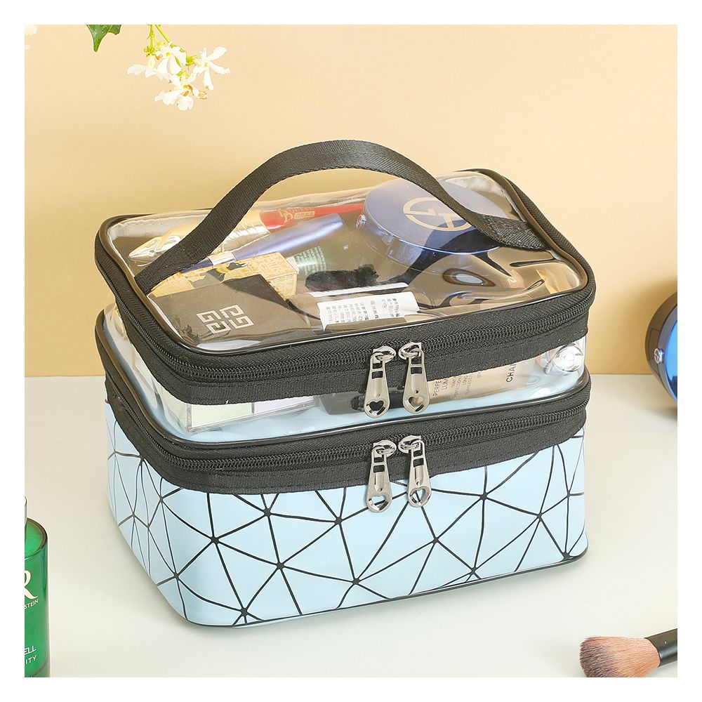 Waterproof Double Layer Zipper Travel Cosmetic Bag, Makeup Organizer & Toiletry Pouch, Blue - Image 2