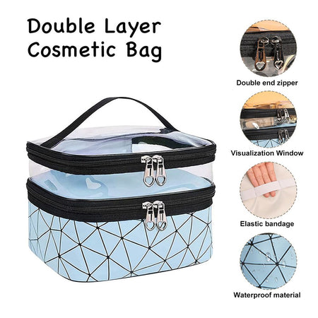 Waterproof Double Layer Zipper Travel Cosmetic Bag, Makeup Organizer & Toiletry Pouch, Blue - Image 4