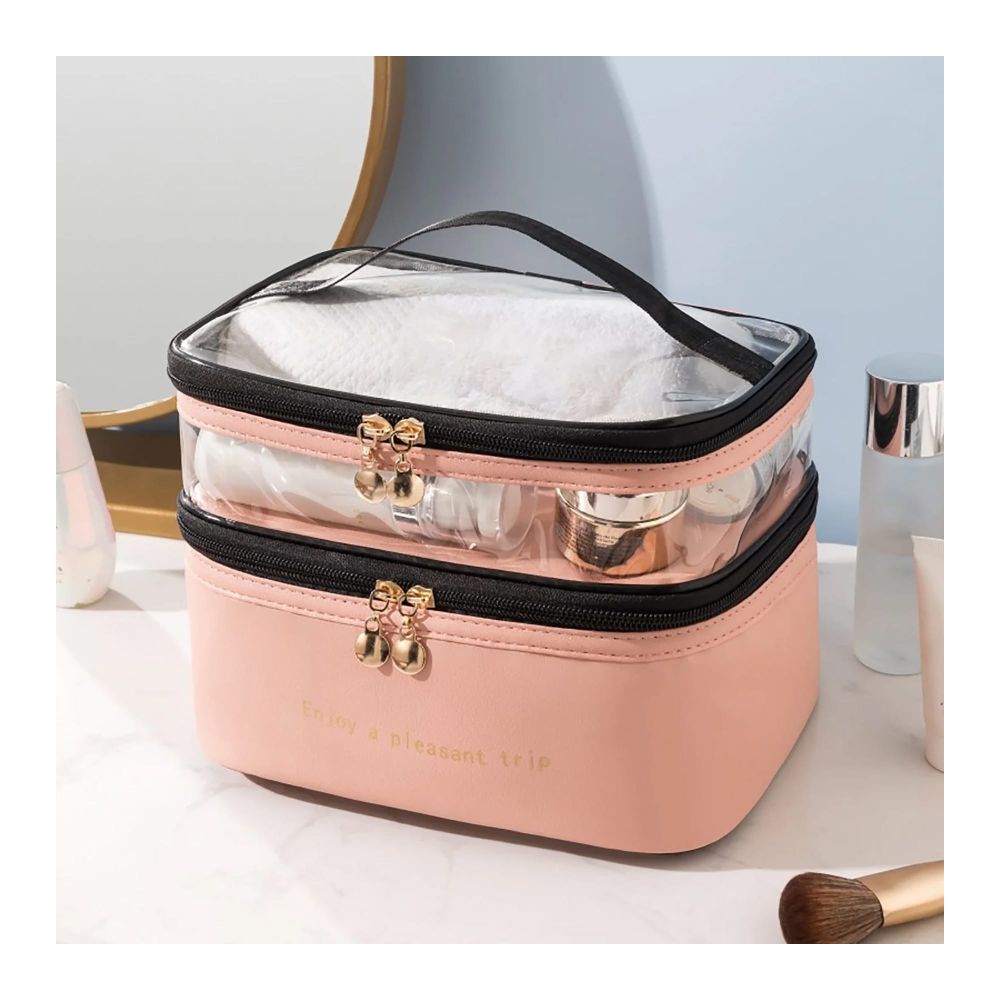 Waterproof Double Layer Zipper Travel Cosmetic Bag, Makeup Organizer & Toiletry Pouch, Pink - Main Image