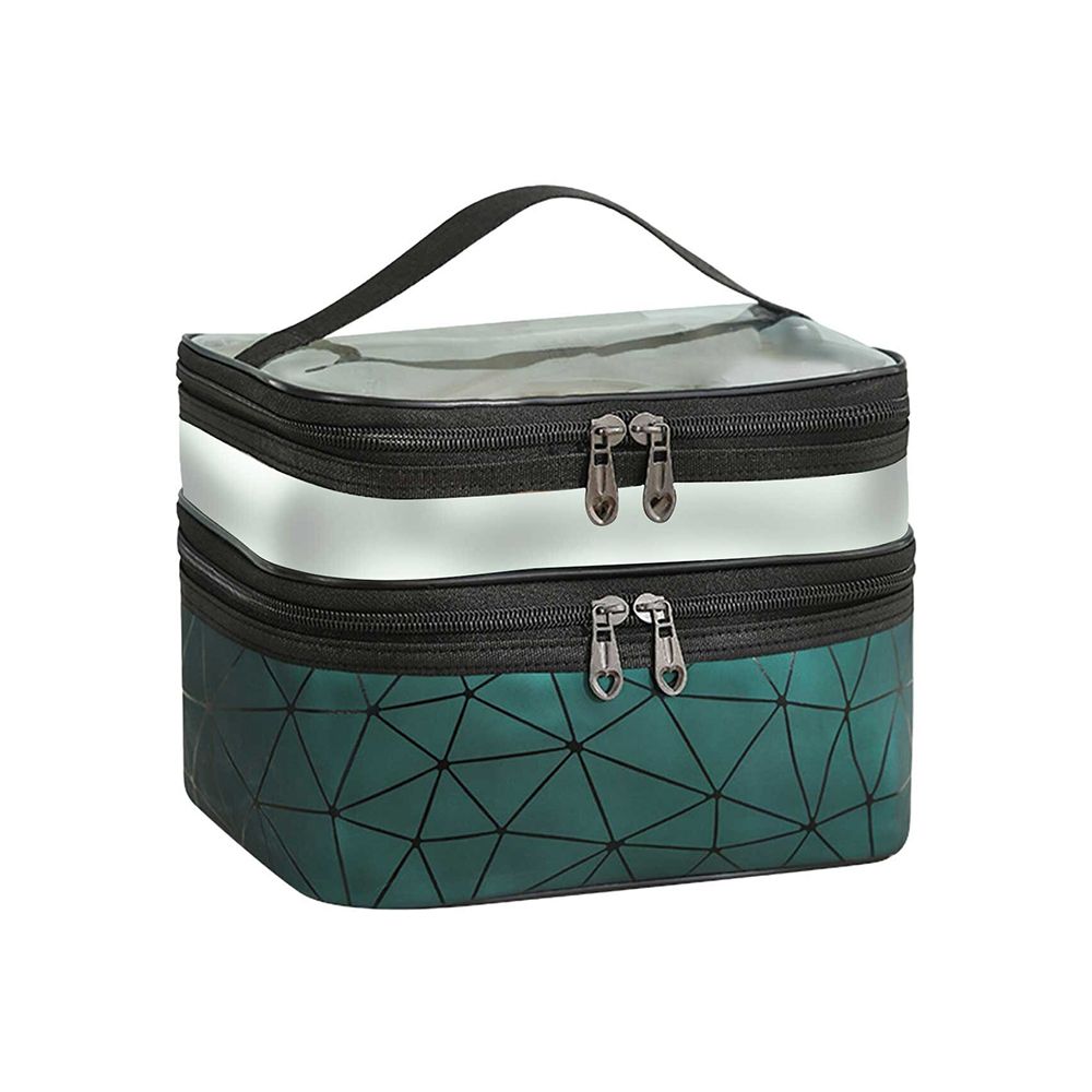 Waterproof Double Layer Zipper Travel Cosmetic Bag, Makeup Organizer & Toiletry Pouch, Green - Main Image