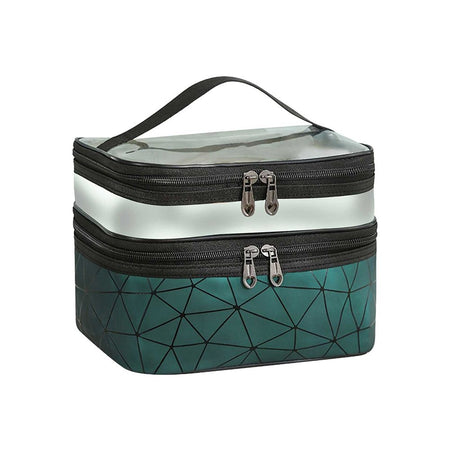 Waterproof Double Layer Zipper Travel Cosmetic Bag, Makeup Organizer & Toiletry Pouch, Green - Main Image