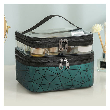 Waterproof Double Layer Zipper Travel Cosmetic Bag, Makeup Organizer & Toiletry Pouch, Green - Image 2