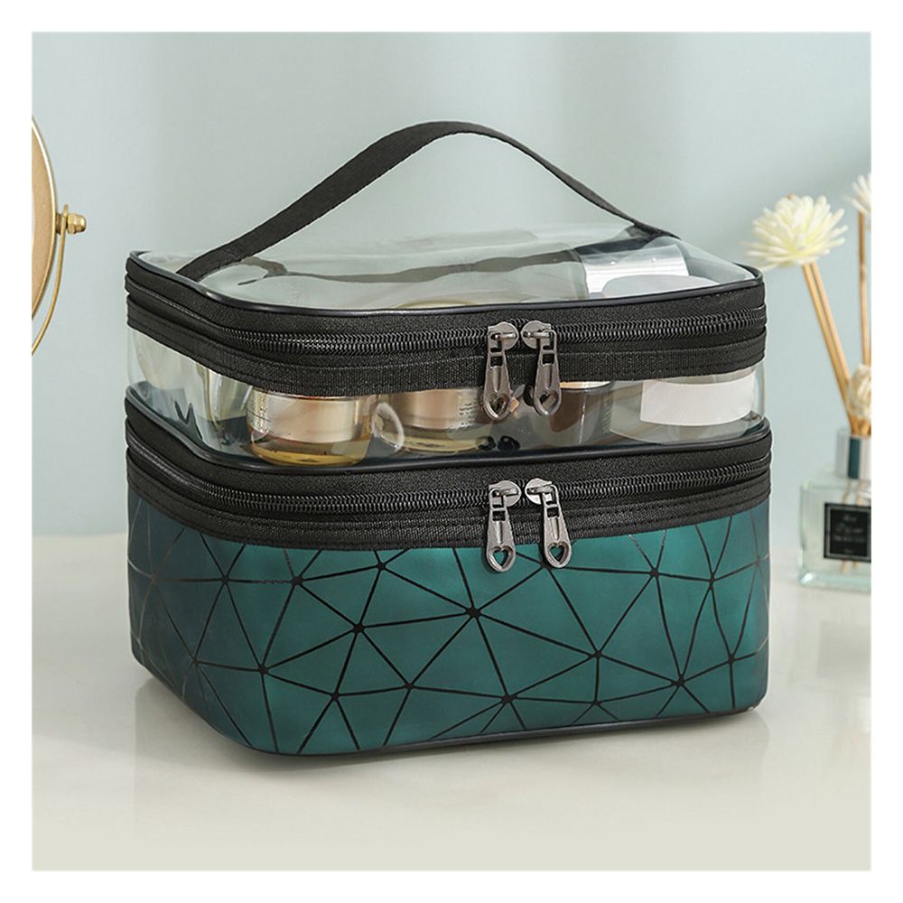 Waterproof Double Layer Zipper Travel Cosmetic Bag, Makeup Organizer & Toiletry Pouch, Green - Image 2