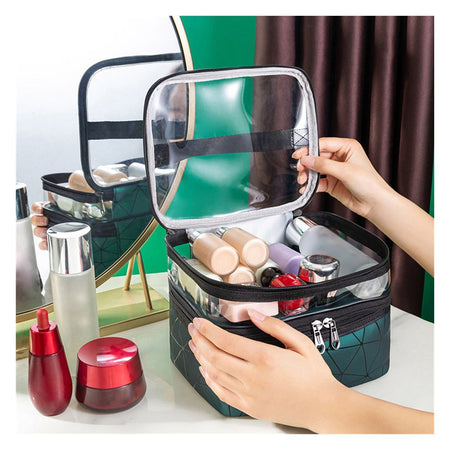 Waterproof Double Layer Zipper Travel Cosmetic Bag, Makeup Organizer & Toiletry Pouch, Green - Image 3
